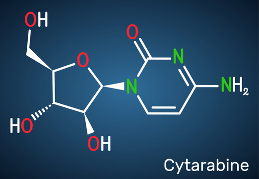 Cytarabine, cytosine arabinoside, ara-C molecule. It is chemotherapy medication. Structural chemical formula on the dark blue background.