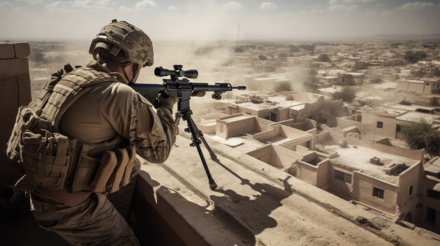 A soldier holding a position on a rooftop, with a panoramic view of the battlefield below, capturing the soldiers' skill and precision as they take aim at enemy targets