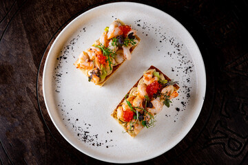 Prawns, shrimp seafood bruschetta with creamy cheese