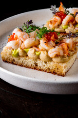 Prawns, shrimp seafood bruschetta with creamy cheese