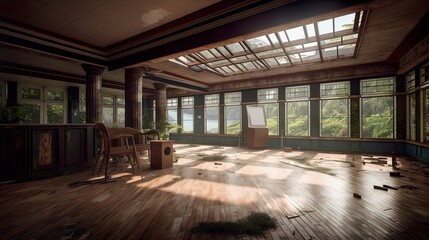 Obraz premium Old damaged resort interior, exotic plants, forest around, daylight coming through broken roof and damaged vindows, AI generative