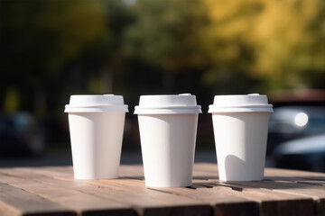 Obraz premium Blank coffee paper cups on the table bokeh light in background. Mockup of coffee paper cup. generative AI