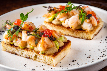 Prawns, shrimp seafood bruschetta with creamy cheese