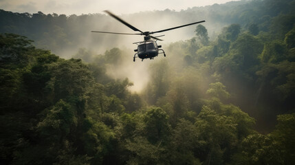 Fototapeta na wymiar A sleek military chopper hovering above a dense forest, rotor blades whipping up leaves and debris