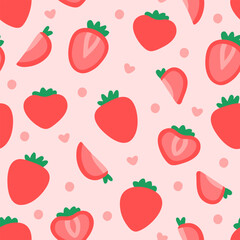 Beautiful juicy sweet strawberries in flat style. Seamless fruit pattern on a pink background.