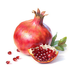 Watercolor illustration of pomegranate fruit, isolated on white background. Generative AI