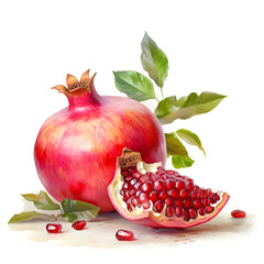 Watercolor illustration of pomegranate fruit, isolated on white background. Generative AI