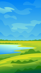 Obraz na płótnie Canvas Green meadows, hills and mountains against a blue sky.