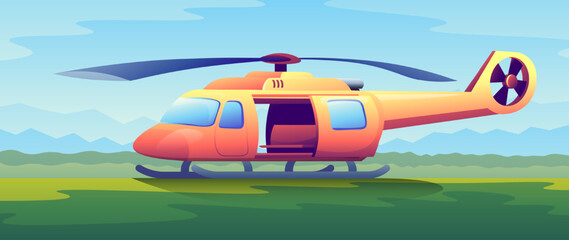 Obraz na płótnie Canvas Cartoon orange air transport in horizontal illustration. The helicopter stands on dirt strip on green grass background.