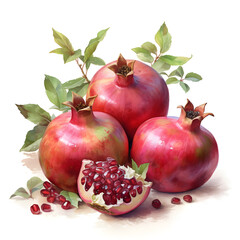 Watercolor illustration of pomegranate fruit, isolated on white background. Generative AI