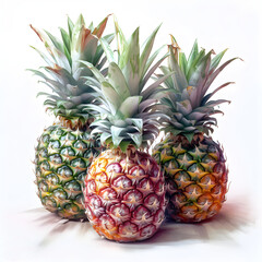 Watercolor illustration of pineapple fruit, isolated on white background. Generative AI