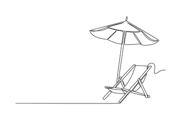 Single one line drawing beach chairs and umbrella. Summer beach concept. Continuous line draw design graphic vector illustration.