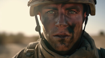 Fototapeta premium a closeup shot of a soldiers face on the battlefield