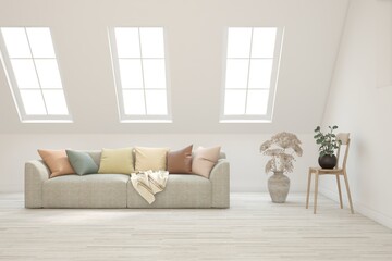 White living room with sofa. Scandinavian interior design. 3D illustration