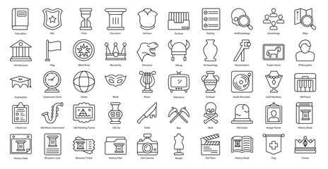 History Thin Line Icons Anthropology Education Icon Set in Outline Style 50 Vector Icons in Black	