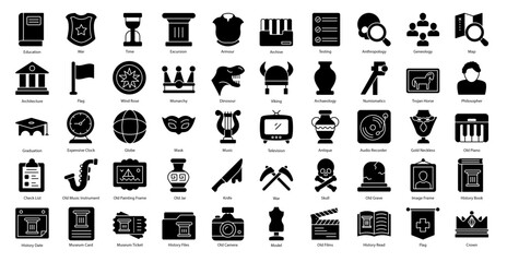 History Glyph Icons Anthropology Education Icon Set in Glyph Style 50 Vector Icons in Black	
