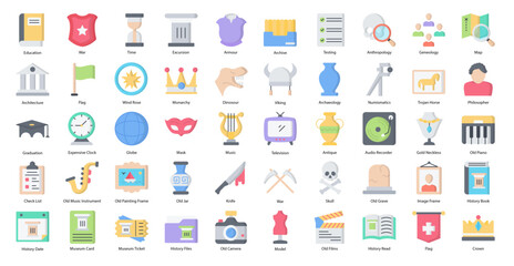 History Flat Icons Anthropology Education Icon Set in Color Style 50 Vector Icons