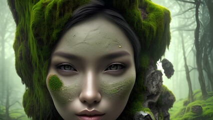 beautiful woman face made of an ancient cracked weathered boulder emerging from a scottish highlands landscape.