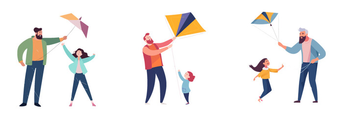 set vector illustration of happy dad and kid spending time together flying a kite isolate