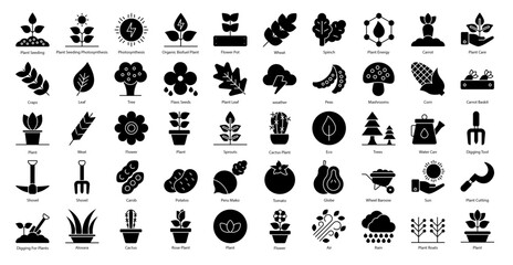 Plant Based Glyph Icons Plants Flower Gardening Icon Set in Glyph Style 50 Vector Icons in Black	