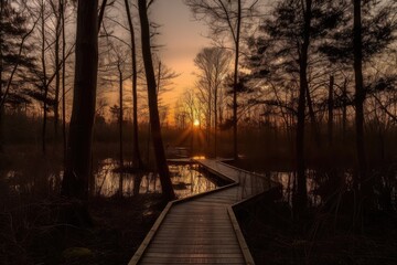 Naklejka na ściany i meble sunset, with duckboards path through the forest, and silhouetted trees in the background, created with generative ai