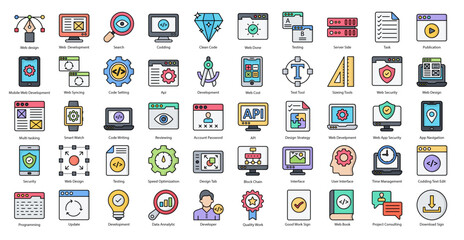 Web Development Color Line Icons Coding Web Design Icon Set in Filled Outline Style 50 Vector Icons in Black	