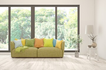 Fototapeta premium Bright interior design with modern furniture and summer landscape in window. 3D illustration