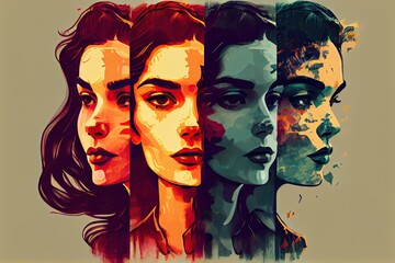 portrait of person with multiple personalities, illustrating each personality through unique illustration style, created with generative ai - obrazy, fototapety, plakaty