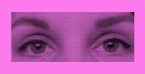Retro halftone effect. Stylized eyes. silhouette of human eyes. against a bright background. modern print.