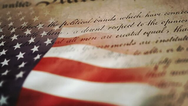 Fourth Of July With Flag And Bill Of Rights/ 4k motion graphics of a vintage background of mixed old printed declaration of independence of the united states with waving american flag for fourth of ju