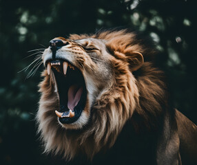 Detailed portrait of a roaring lion's face, generative ai