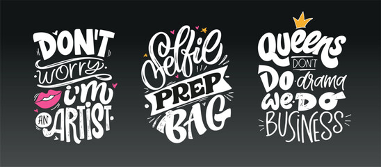 Fototapeta premium Set with lettering slogans about girl power, feminism. Funny quotes for blog, poster and print design. Modern calligraphy texts about self care. Vector illustration