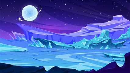 Hand -drawn vector illustration of the natural landscape of the planet covered with ice and cold.