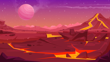 Hand -drawn vector illustration of the natural landscape of the planet with the current lava in crevices.
