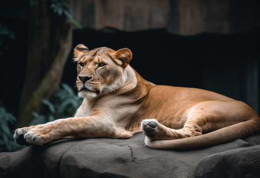 portrait of a lioness relaxing on a rock, generative ai