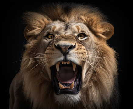 Detailed portrait of a roaring lion's face, isolated black background, generative ai