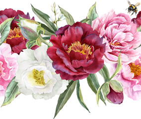 Seamless watercolor border with delicate peonies and eucalyptus greens. For wedding invitations, greetings, wallpapers, fashion, prints