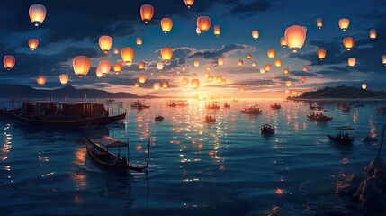 A stunning view of a sea in Japan, illuminated by colorful paper lanterns and the soft light of sunset. Enjoy this beautiful scene generated by AI technology. AI generative.