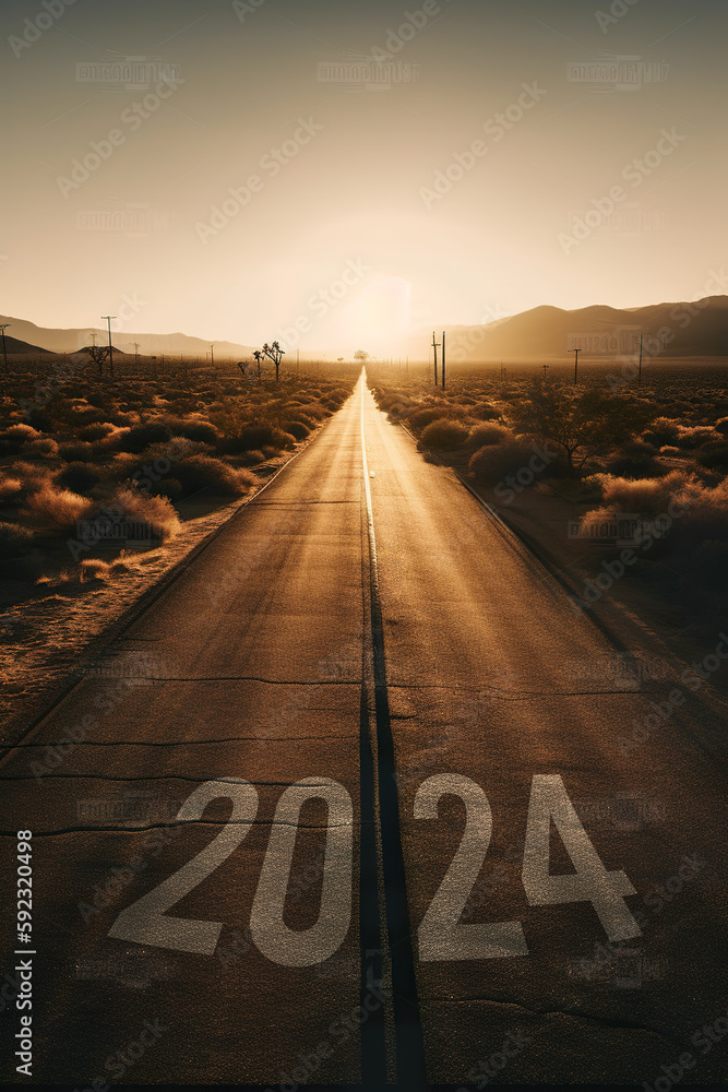 Poster number 2024 on empty road in the desert with mountains in the background at sunset, ai generative ne