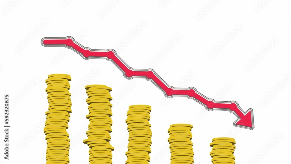 Aufkleber 3d rendering of red decreasing arrow above stack of coins on white background
