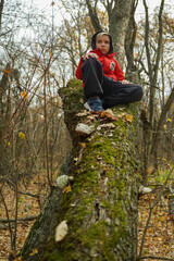 A school-age guy with a trendy hairstyle sits on a tree in the woods and thinks about something. Problems of young people