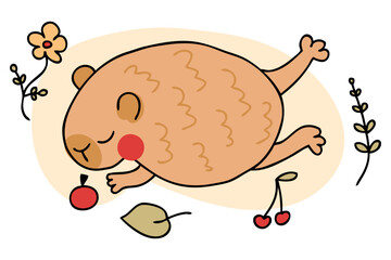 Doodle kawaii dreaming capybara in free hand drawn style. Perfect for tee, stickers, poster, card. Isolated vector illustration for decor and design.