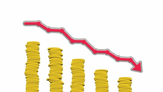 3D rendering of red decreasing arrow above stack of coins on white background
