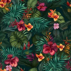 Zelfklevend Fotobehang Tranquil Tropical Leaves and Flowers seamless pattern © oleksandr.info