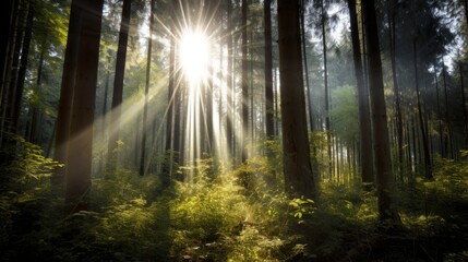 A dense forest, the sun peeking through the trees, providing copyspace. Generative ai.