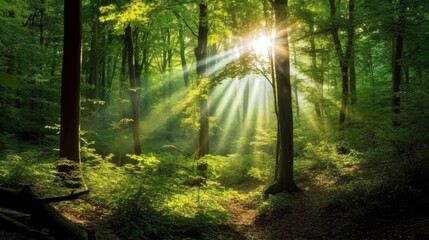 Fototapeta na wymiar A dense forest, the sun peeking through the trees, providing copyspace. Generative ai.