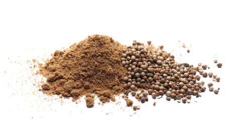 Coriander powder pile and grains isolated on white 