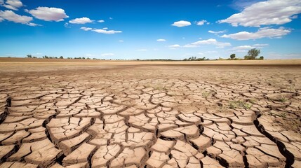 A drought - stricken field, cracked earth stretching into the distance. Generative ai.