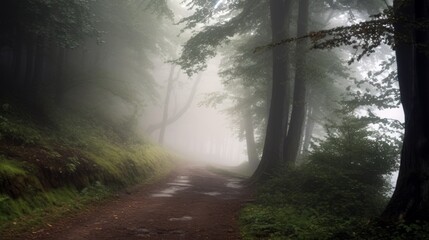 A foggy, mysterious forest path, leaving room for text in the mist. Generative ai.