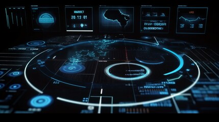 A futuristic hologram interface, displaying data and analytics, with copyspace. Generative ai.